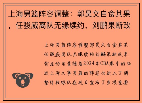 上海男篮阵容调整：郭昊文自食其果，任骏威离队无缘续约，刘鹏果断改革背后的考量