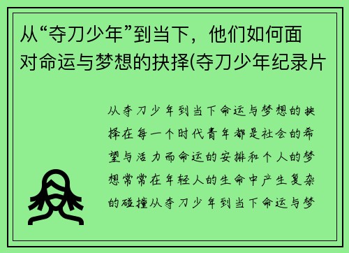 从“夺刀少年”到当下，他们如何面对命运与梦想的抉择(夺刀少年纪录片)