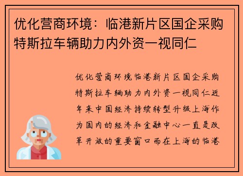优化营商环境：临港新片区国企采购特斯拉车辆助力内外资一视同仁