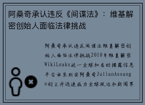 阿桑奇承认违反《间谍法》:维基解密创始人面临法律挑战