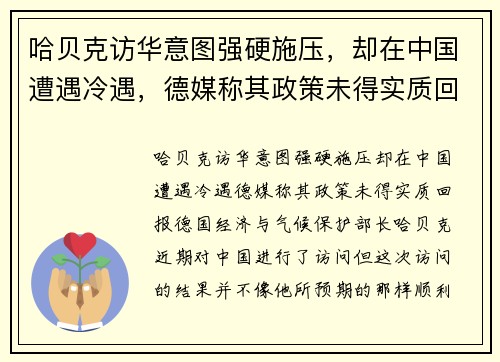 哈贝克访华意图强硬施压，却在中国遭遇冷遇，德媒称其政策未得实质回报