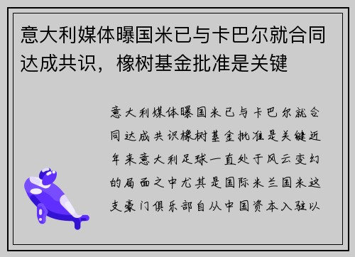 意大利媒体曝国米已与卡巴尔就合同达成共识，橡树基金批准是关键